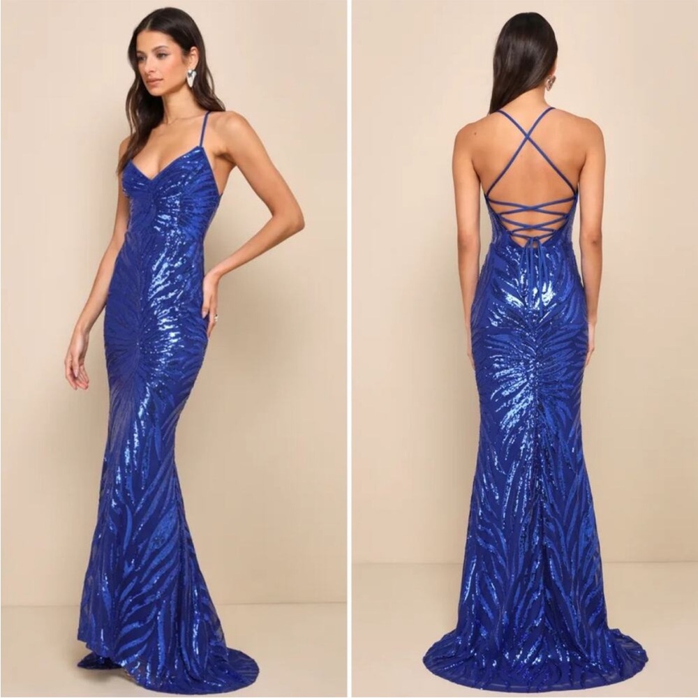 Sparkle 'til Dawn Royal Blue Sequin Lace-Up Mermaid Maxi Dress NWT XS - Picture 3 of 9